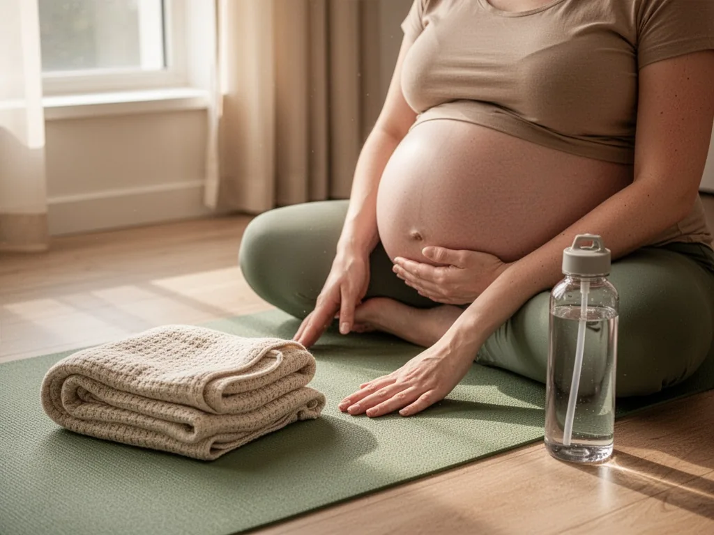 A postpartum woman's hands resting on a yoga mat, a folded baby blanket and water bottle beside her, morning light from