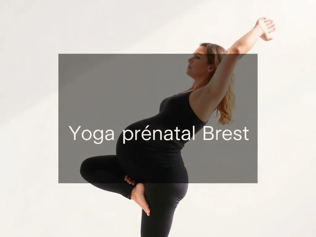 Une femme enceinte assise en tailleur sur un tapis de yoga, les mains posées sur le ventre, dans un studio lumineux à Brest