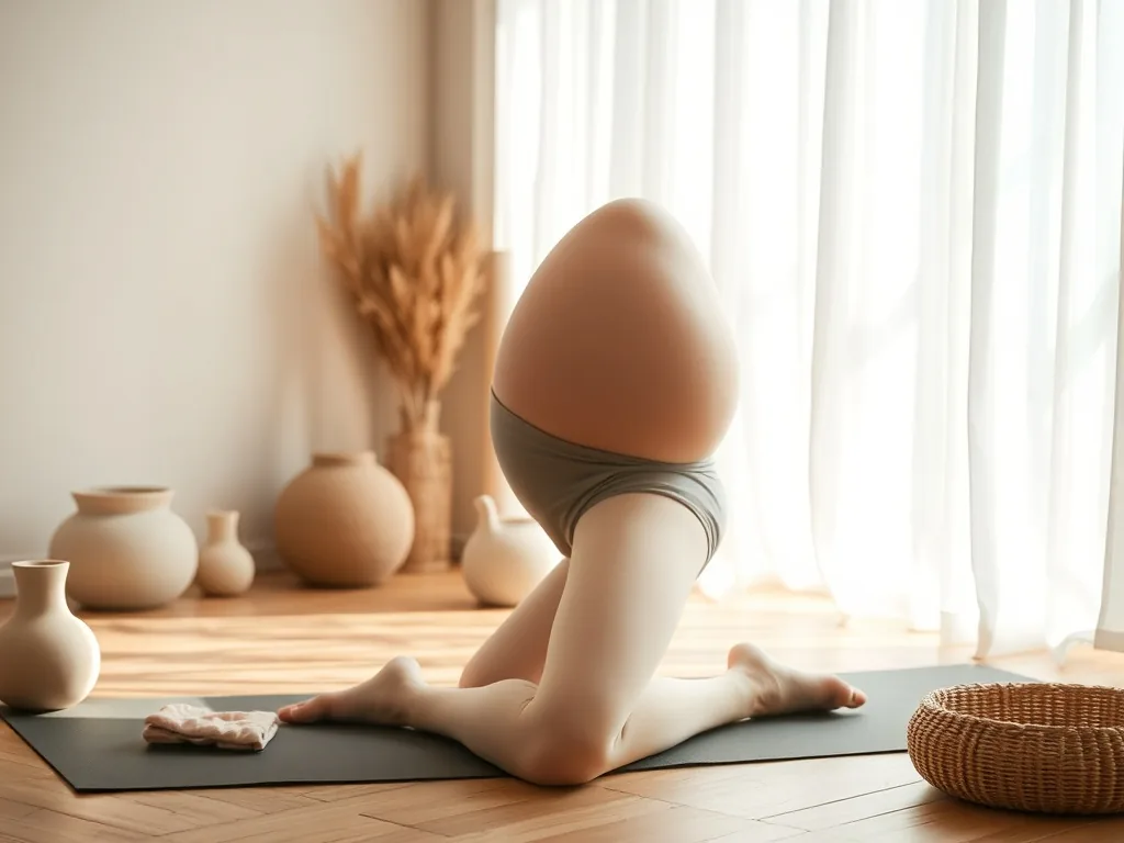 Une femme enceinte en tenue de yoga, assise en tailleur sur un tapis dans une salle claire à Levallois-Perret, les mains