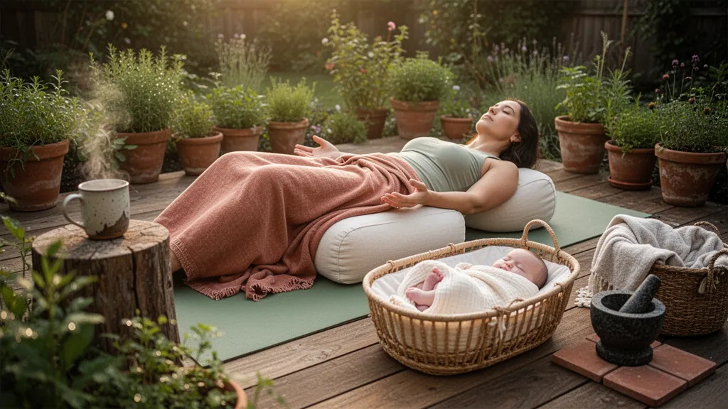 Une femme allongée sur un tapis de yoga avec un bolster sous les genoux et des couvertures dans une pièce calme