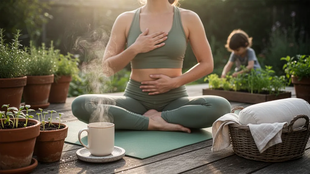 Une femme assise en tailleur sur un tapis de yoga, les yeux fermés, dans une pièce lumineuse avec des bougies et une plante verte