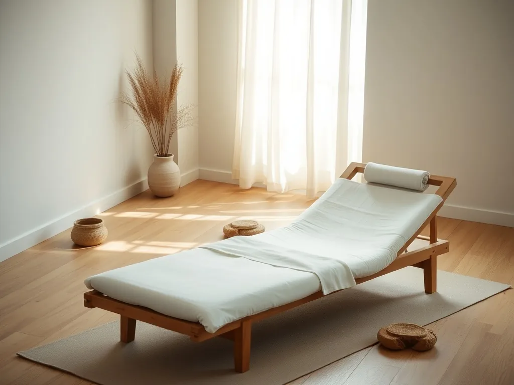 Une femme assise sur une chaise en bois, le dos droit, les mains posées sur les genoux, une couverture roulée derrière le bas du dos.