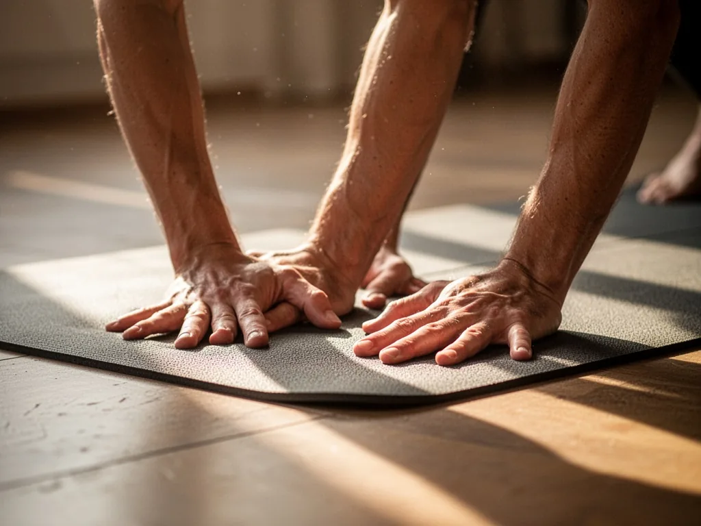 A pair of yoga hands pressing into a mat, fingers splayed and knuckles white, subtle tension in forearm muscles, soft mo