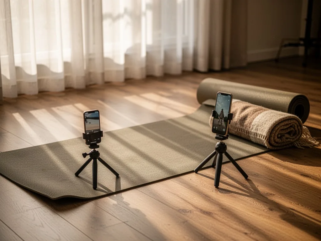 A yoga mat unrolled on a wooden floor, a smartphone on a tripod pointed at the mat, a rolled blanket beside it, soft aft